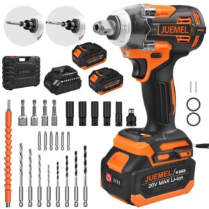 Cheie de impact 1/2′′ si 1/4′′, JUEMEL, M6004C, 20V, 4 Ah, 350Nm, 2 viteze, 2400 RPM, 2 Baterii, Cu 25 de accesorii in cutie, Portocaliu/Negru
