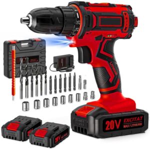 Masina de gaurit, EXCITAT, 2 Acumulatori 20V 2Ah Li-Ion, 38Nm, 2 trepte 450/1600 rpm, 25+1 pozitii, carcasa plastic, rosu/negru