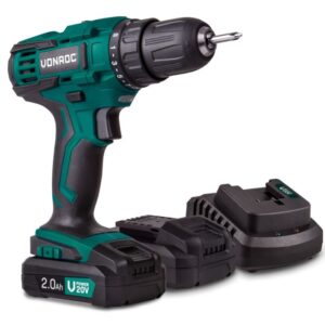 Masina de gaurit si insuruba VONROC S2_CD501DC, 2x 2.0Ah 20V, cu lumina LED, cuplu de 40Nm, mandrina 13mm, Verde/Negru, 2x baterii 2.0Ah si incarcator rapid incluse
