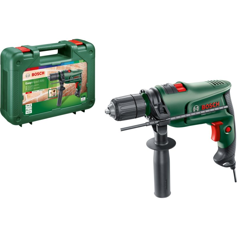 Masina de gaurit si insurubat (bormasina) Bosch EasyImpact 600, 600 W, 3000 RPM, 45.000 percutii/min, 15 Nm, 25 mm diametru maxim gaurire, limitator reglare adancime, maner...