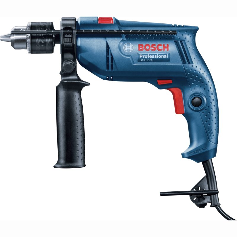 Masina de gaurit si insurubat (bormasina) cu percutie Bosch Professional GSB 550, 550 W, 2800 RPM, 41.800 PPM, limitator adancime, mandrina cu coroana dintata, maner suplimentar