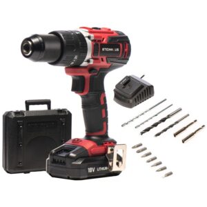 Masina de gaurit si insurubat (bormasina) cu percutie Steinhaus PRO-CD18MX, cu acumulator 18V 2.0Ah Li-Ion, motor fara perii (brushless), 58Nm, 2 trepte 400/1800 RPM, mandrina...