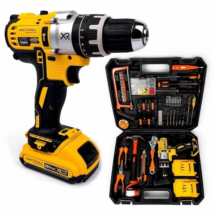 Masina de gaurit si insurubat (bormasina) DEMAHO®, 500W, trusa completa, extra accesorii 119 piese, 2 acumulatori 36V 8 Ah, mandrina rapida 13mm, 1500 RPM, 8000mAh, valiza...