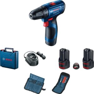 Masina de gaurit si insurubat (bormasina) pe acumulator Bosch Professional 06019G8002, 12 V, 14/30 Nm, 1500 RPM, 2 acumulatori, incarcator, valiza profesionala, set 23 burghie...