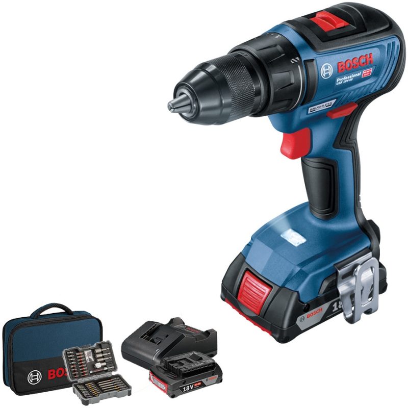 Masina de gaurit si insurubat (bormasina) pe acumulator Bosch Professional GSR 18V-50, 18 V, 1800 RPM, set de 43 de piese de insurubat, 2 acumulatori de 2.0 Ah, trusa de scule