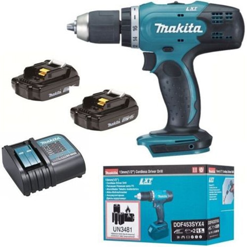 Masina de gaurit si insurubat (bormasina) pe acumulator Makita DDF453SYX4, 18 V, 42 Nm, 36 mm diametru maxim de gaurire, 2 acumulatori Li-Ion 1.5 Ah, incarcator, cutie carton