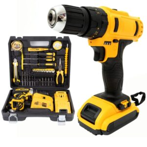 Masina de gaurit si insurubat (bormasina) Tiessa, percutie, mandrina rapida 10 mm, 2 acumulatori 24V 5000mAh Li-ion, 3500 RPM, trusa cu 30 de accesorii, galben