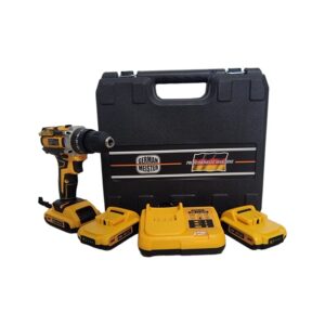 Masina de gaurit si insurubat cu percutie German Meister XR, 1500 rpm, 24 V, 5 Ah, mandrina rapida 13, 2 acumulatori, 1 incarcator, trusa compacta de transport, galben