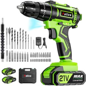 Masina de Gaurit si Insurubat, Folixs®, 2 x Baterie litiu-ion, 25+1 Trepte Torsiune, 40Nm, 2 trepte 550/1550 RPM, Mandrina Rapida 10mm, 36 Accesorii, Cutie Plastic, verde/Negru