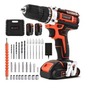 Masina de Gaurit si Insurubat, GOXAWEE, G5216B, 2 Acumulatori 20V 2Ah Li-Ion, 38Nm, 2 trepte 450/1450 RPM, Mandrina Rapida 10mm, 30 Accesorii, Cutie Plastic, Portocaliu/Negru