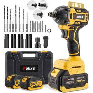Masina de insurubat cu impact, Folixs®, Motor fara perii, 20 V, 3 Ah, 320 Nm, 800W, 3300 RPM, 2 trepte viteza, 2 acumulatori, 20 accesorii, Galben/negru