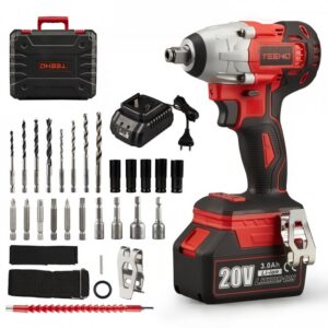 Masina de insurubat cu impact Teeno, 20V, Li Brushless- Kit, 320Nm, Incarcator si acumulator de 3.0Ah, 25 accesorii, Valiza transport, Negru/ Rosu
