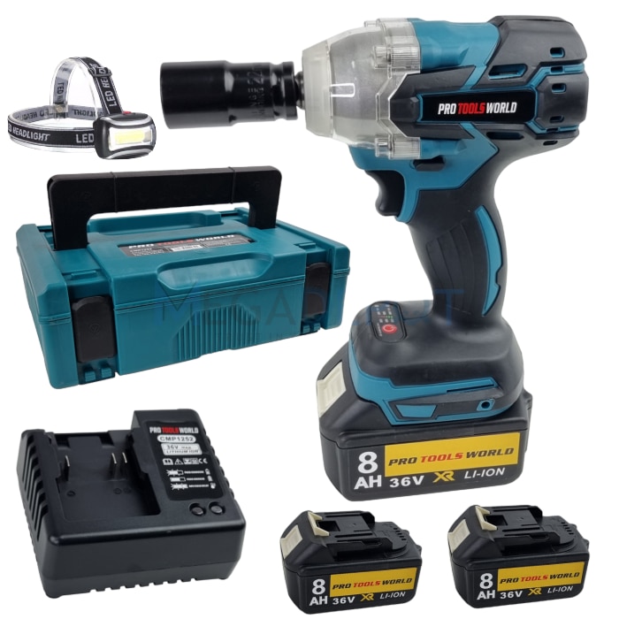 Set Bormasina cu impact si insurubat roti 36V 8AH, Laterna suport cap inclusa PRO TOOLS WORLD CAMPION®